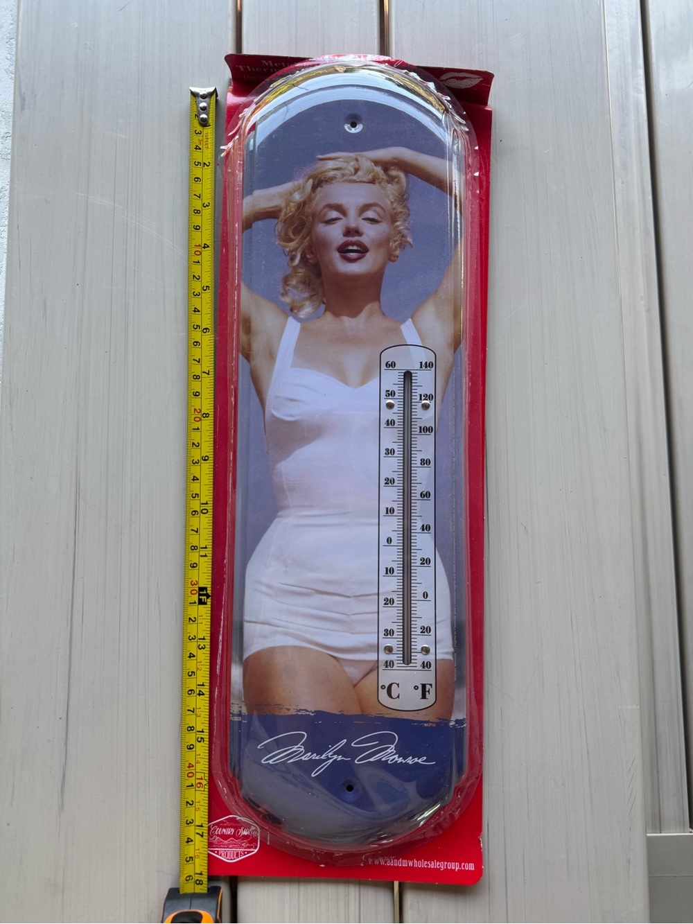 Marilyn Monroe Wall Thermometer - White Dress on Blue Background with Red Trim